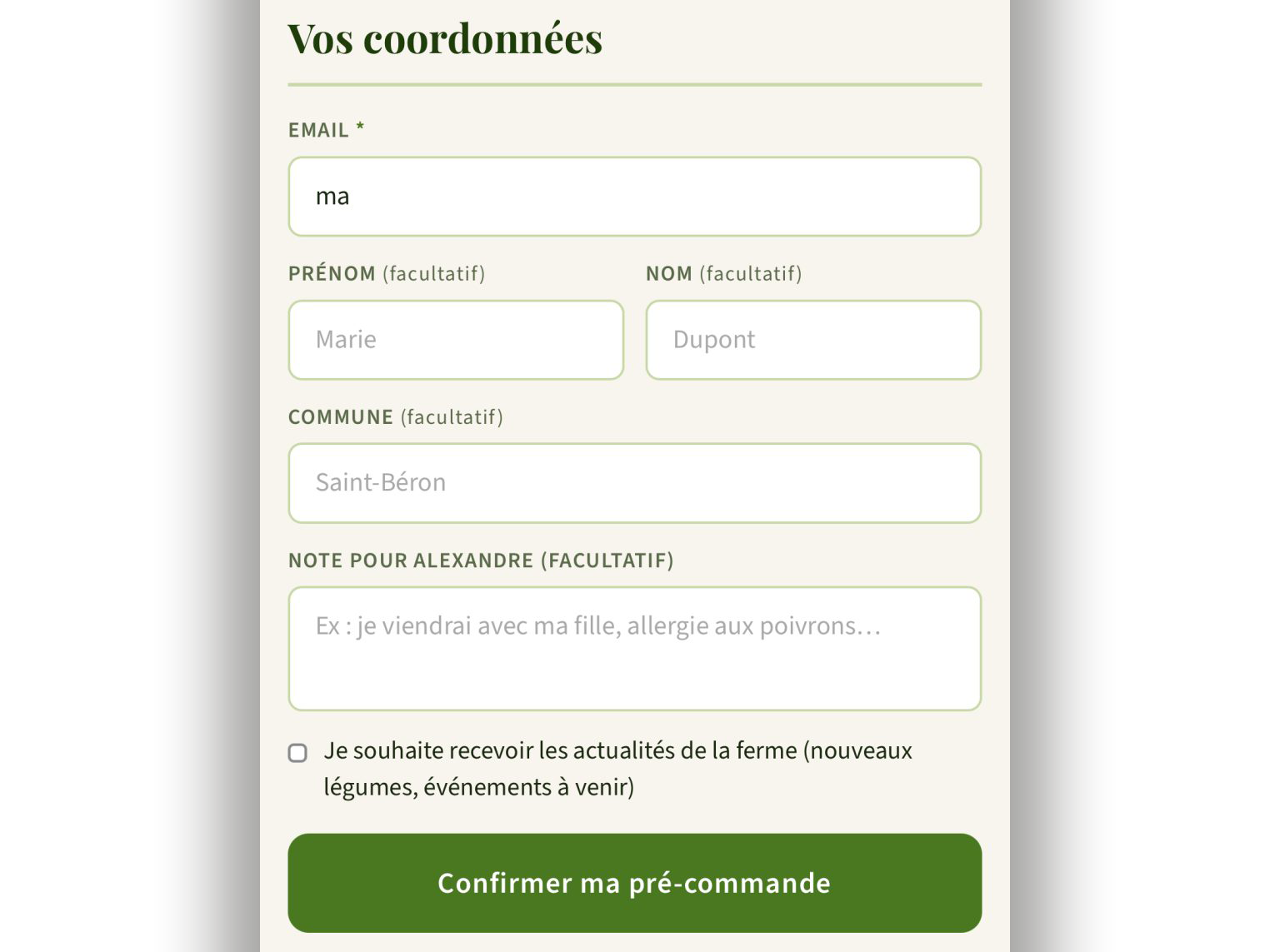Interface newsletter pour informer les clients avant chaque créneau
